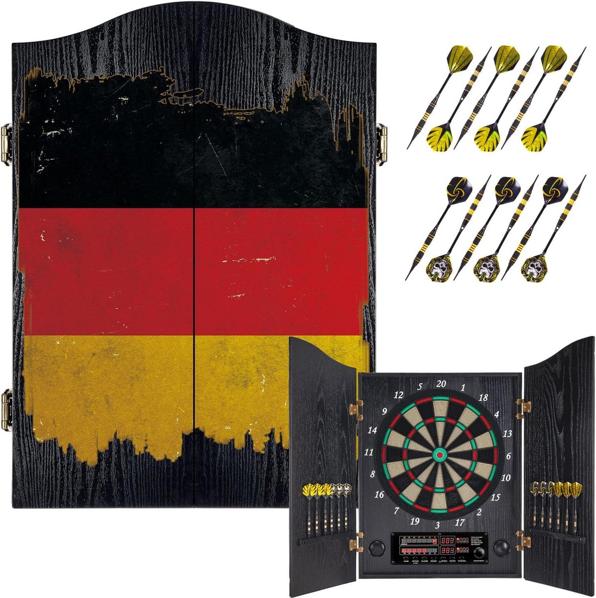 Elektronisch dartbord, decoratief elektronisch dartbord, kastset, 12 brons, soft-tip pijlen, cricketspeelmodus, professionele e-dartschijf met houten kastdeuren, zwart, DE vlag