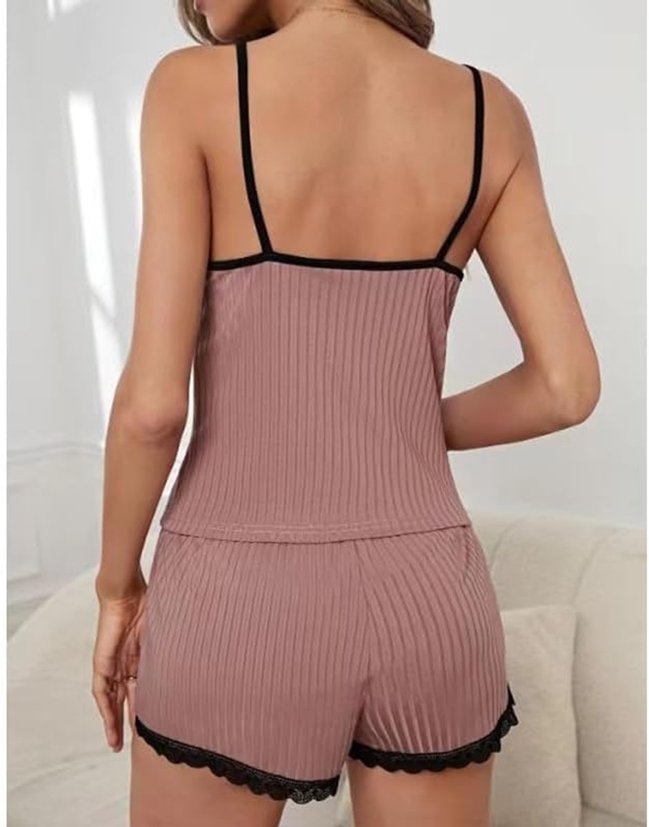 Zomer Katoenen Pyjama Set 2 Stuks Effen Kleur Camisole Shorts Casual Nachtkleding Zachte Diepe V-hals Pjs Sets Effen Mouwloze Nachtkleding Kant Loungwear Cami Top Elastische Losse Thuis