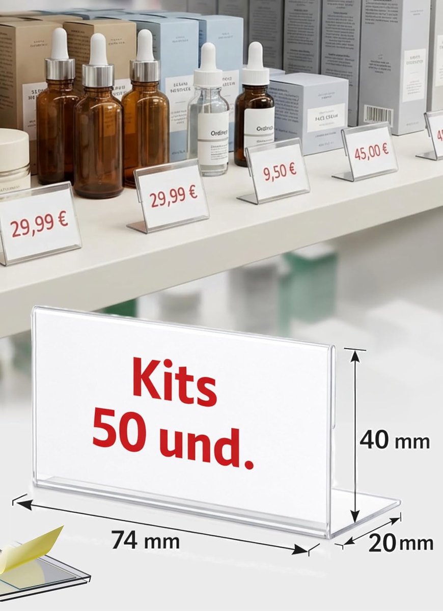 Prijskaartjes, PET, transparant, zelfklevend, 50 stuks, professioneel systeem voor de detailhandel, moderne houders, etiketten, planken, handel, verkrijgbaar in 2 maten (40 x 74 mm)
