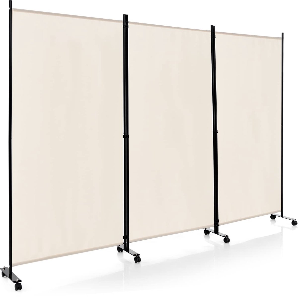 Costway 3-Paneels Kamerscherm Op Wielen Privacyschermen 180 cm Draagbare Vrijstaande Stoffen Scheidingswand (Gebroken Wit)