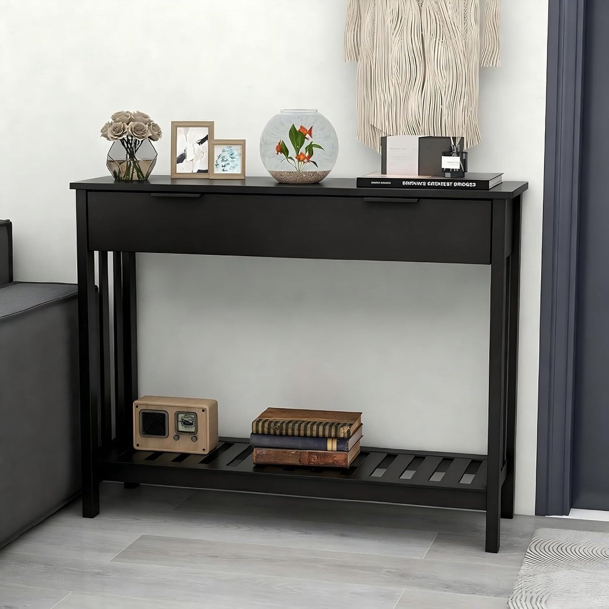 Halmeubel, smal met kasten, houten console met plank, entree, woonkamer, consoletafel, bijzettafel, dressoir, smal, 30 x 100 x 75,5 cm, wit - 2 deuren (zwart - 2 laden)