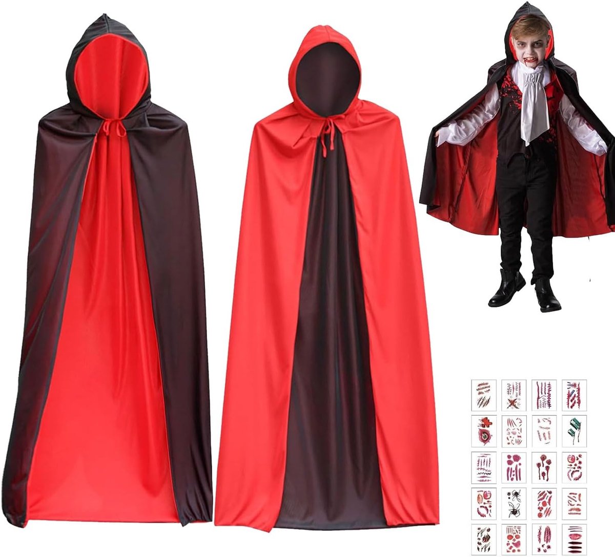 Kostuums voor Halloween, Halloween cape, cape voor kinderen met capuchon, Halloweenkostuum, vampierkostuum met 20 tatoeages voor kinderen, heren en dames