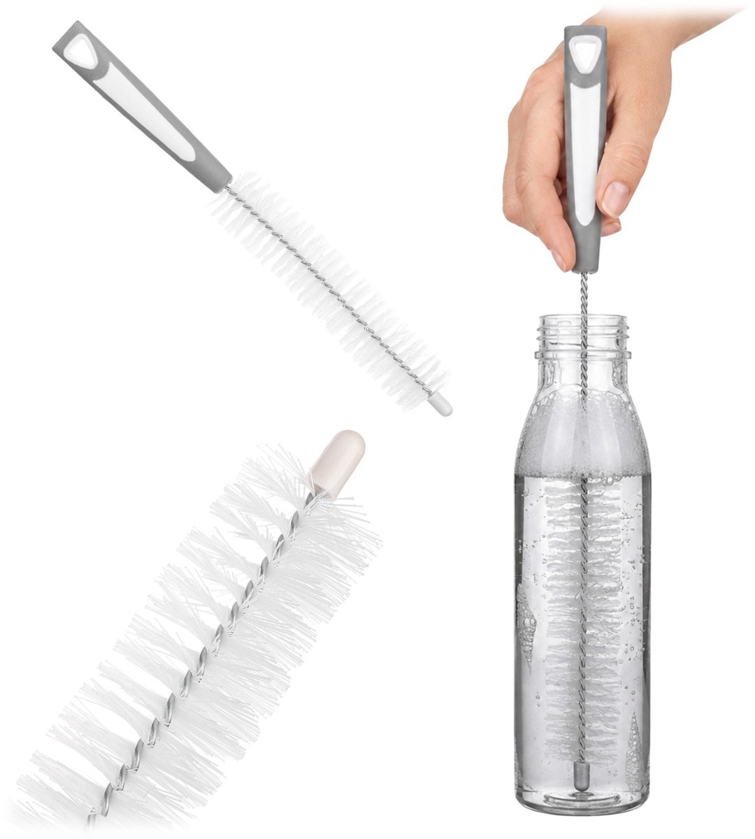 KADAX-flesborstel met smalle borstelkop, borstel voor flessen, reinigingsborstel voor glazen flessen met smalle opening, flessenreiniging, flessenreiniger met lange steel en ophangoog