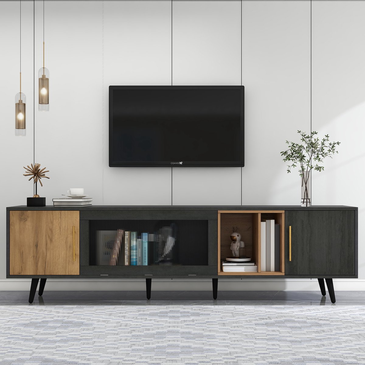 tv meubel met neerklapbare glazen deur - Voor woonkamer - 200 cm breed - Grijs en bruin houtnerf - 3 deuren en open vak - Geschikt voor 90 inch tv - Kabelmanagement