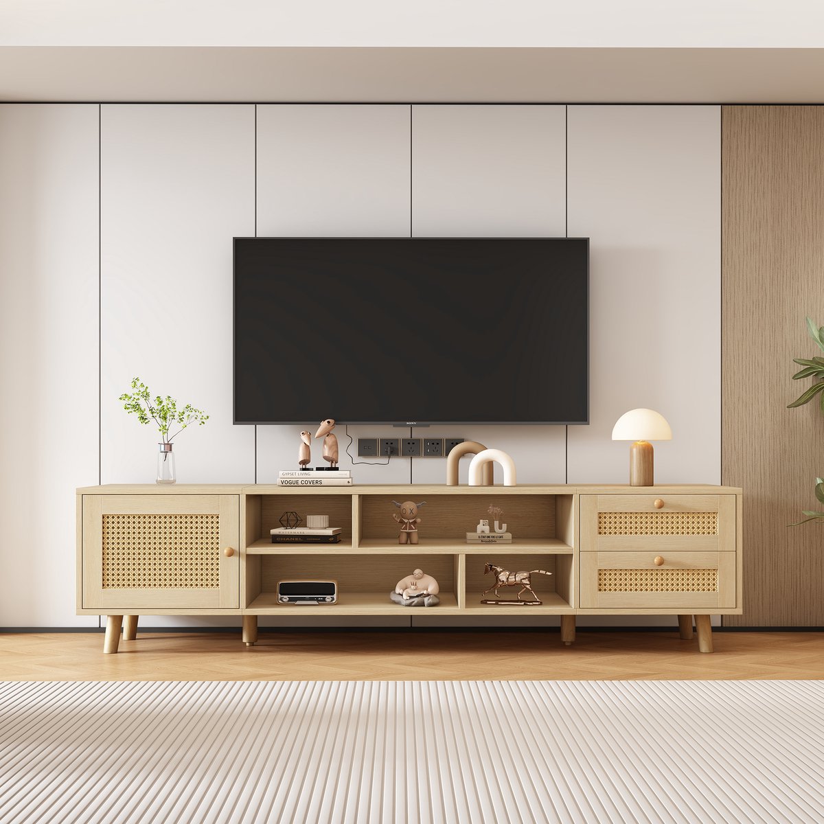 tv meubel met rattan fronten - Voor woonkamer - 160 cm breed - Houtkleur - 2 lades en 1 deur - Kabelmanagement - Verstelbare poten - Geschikt voor 70 inch tv