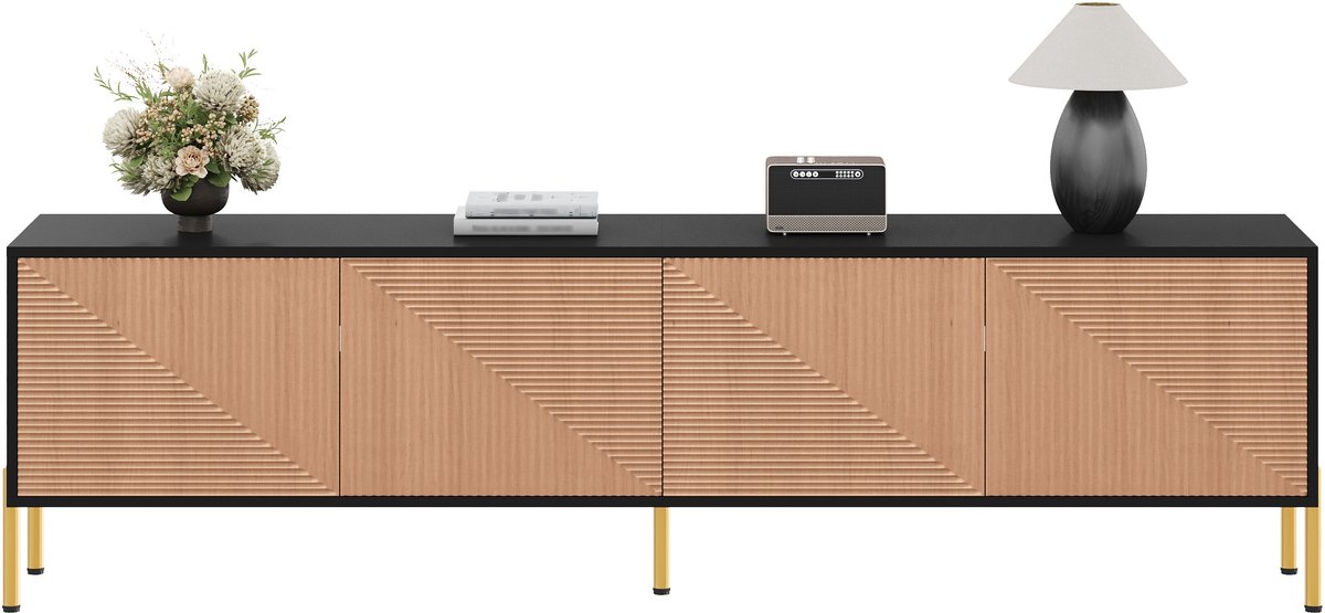 tv meubel Zwart-Naturel 179 cm - Uniek 3D-gestructureerd front - Gouden metalen poten - Griffloos design - 4 deurkasten - Geschikt voor robotstofzuiger - Stijlvol design voor woonkamer