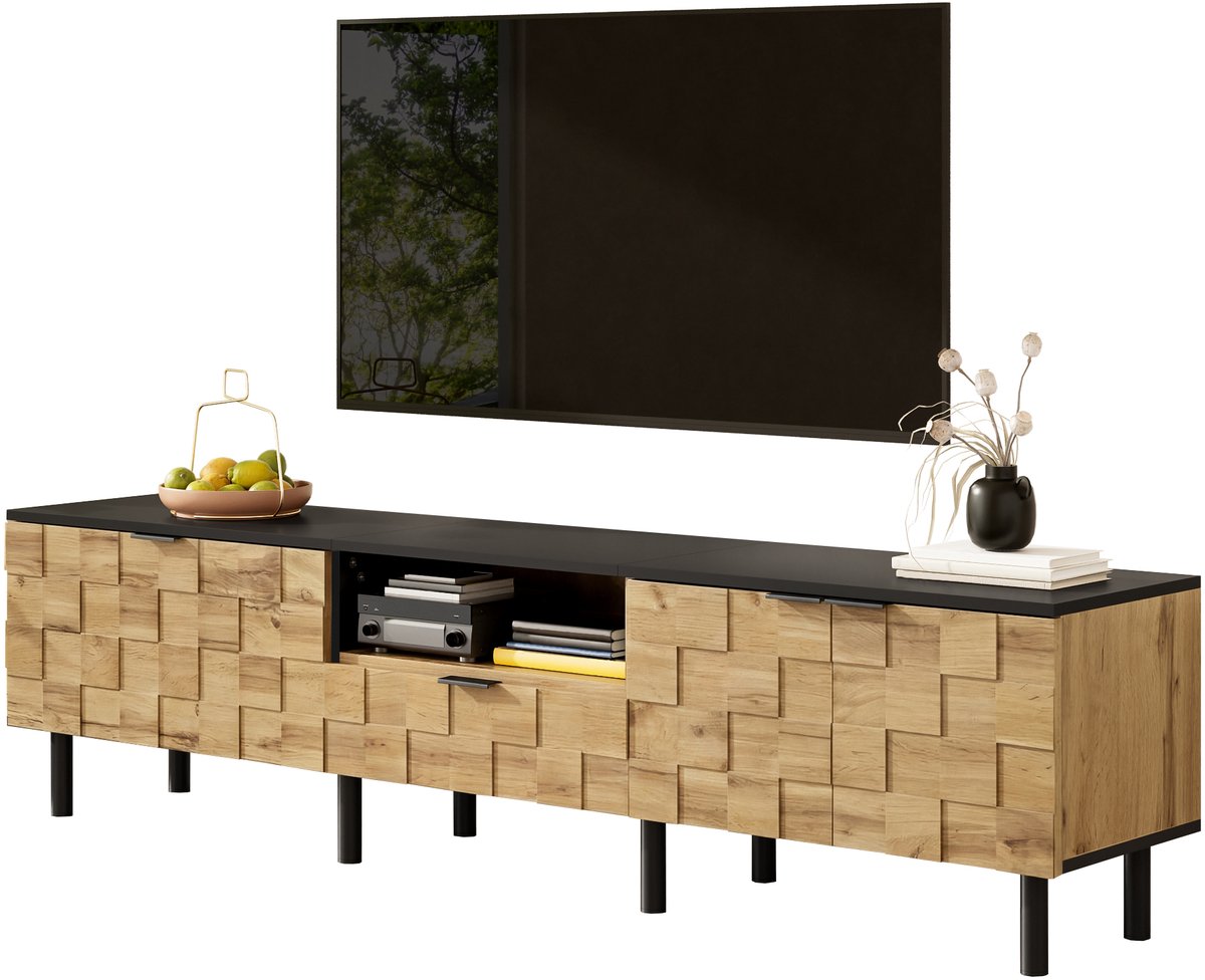 tv meubel met Mozaïekfront - Kunstzinnig opbergmeubel voor woonkamer - 170 x 35 x 44,5 cm (LxBxH) - Natuur en Zwart - 2 deuren, 1 lade en open vak - Kabeldoorvoer - Metalen poten