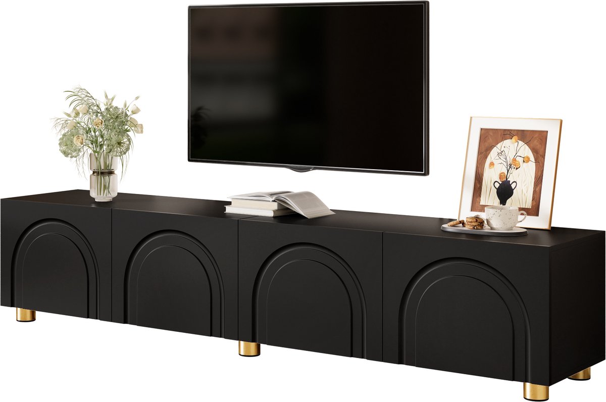 tv meubel Zwart 180x35x40 cm - 4 deuren met 3D-boogreliëf - Ruime opbergruimte voor woonkamer - Stabiele metalen poten - Draagvermogen 60 kg