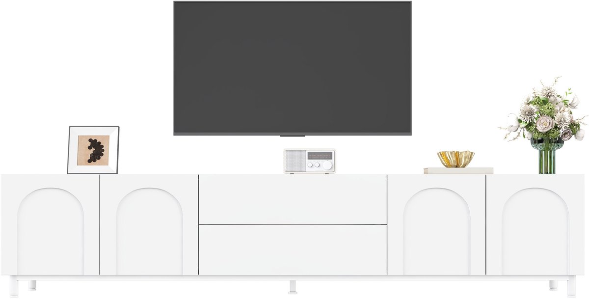 Zubaliya tv meubel Wit 180x40x48 cm - Symmetrisch met 4 deuren en 2 lades - Elegant bogendesign en stalen buispoten - Geïntegreerde kabeldoorvoer voor woonkamer