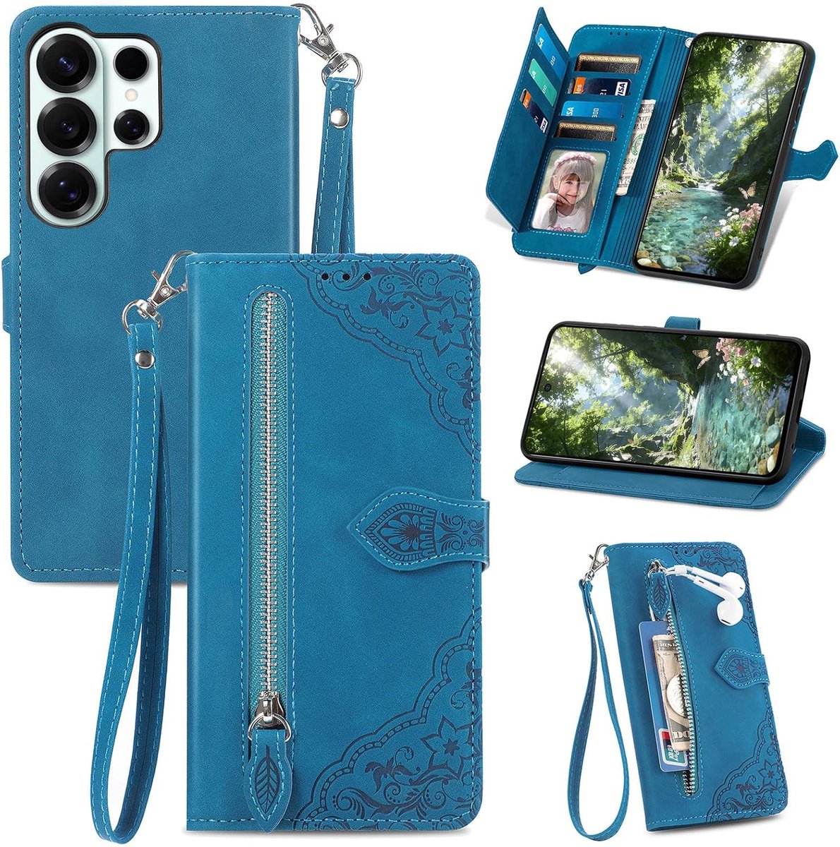Hoes voor Samsung Galaxy S26 Ultra, leren portefeuillehoes die opent als een boek met kaarthouder, standaard en polsband, decoratief bloemetjesmotief, schokbestendige behuizing, kleur