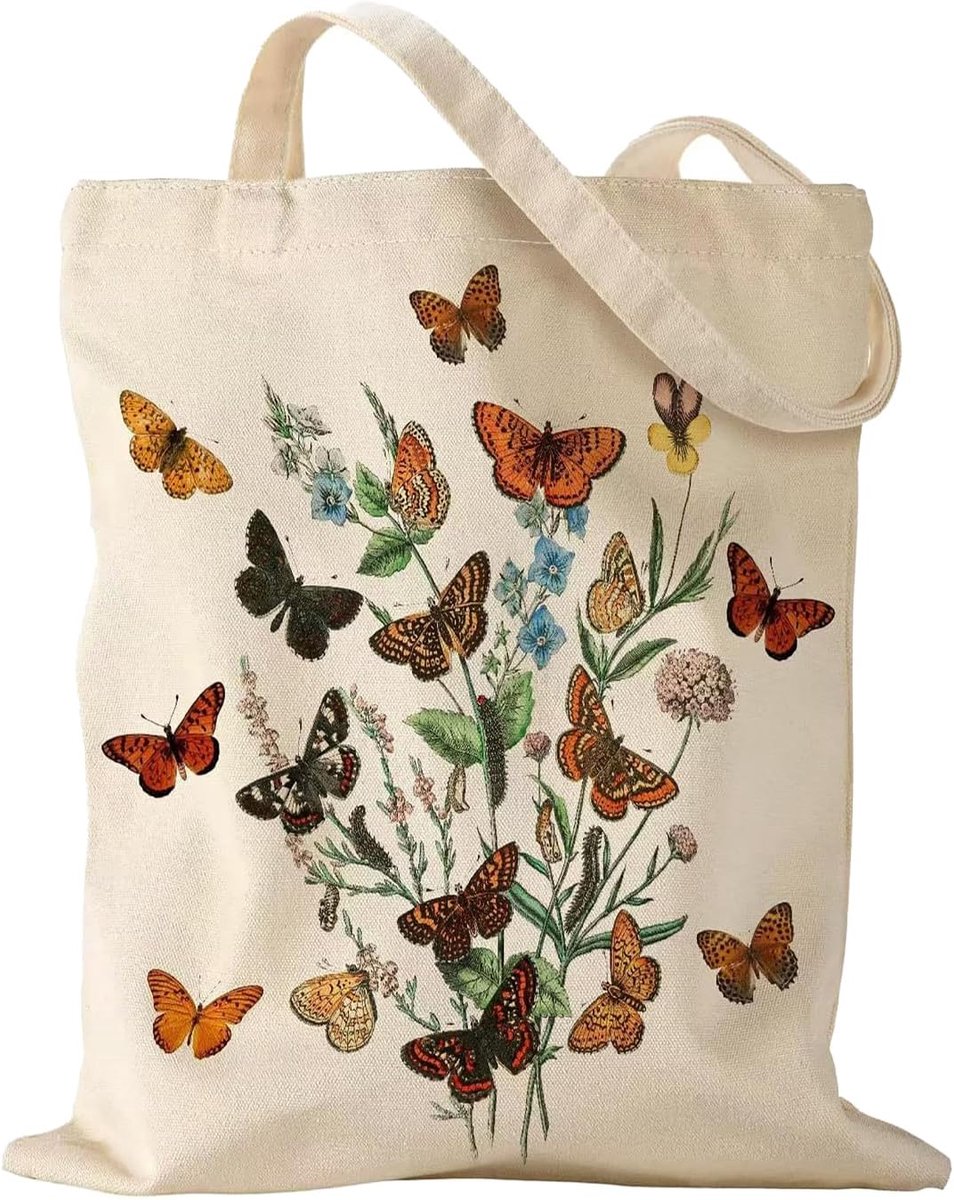 Vlinder Bloemen Canvas Tote Bag, 35X38CM het Winkelen Zak, Natuurlijke Katoen, Bloemenontwerp, Roomkleur