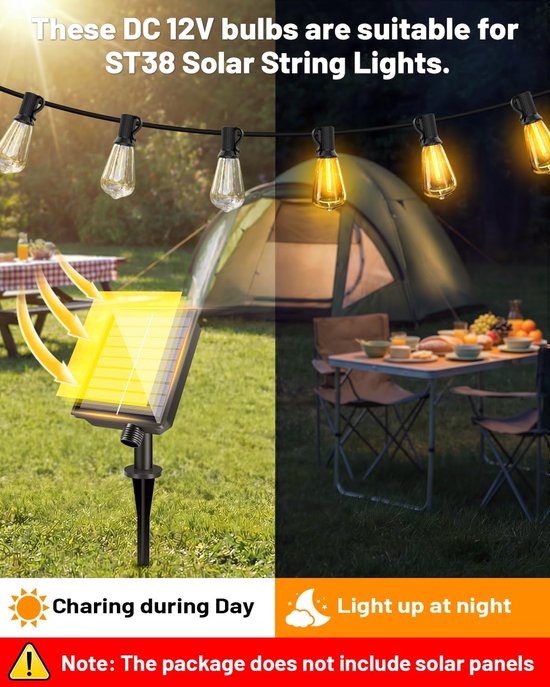 25 E12 ST38 vervangende LED-lampjes op zonne-energie, 2700K warm wit, 1W, DC 12V, onbreekbare en waterdichte lichtslinger op zonne-energie voor feestverlichting, terrassen, tuinen en bruiloften. — afbeelding 4
