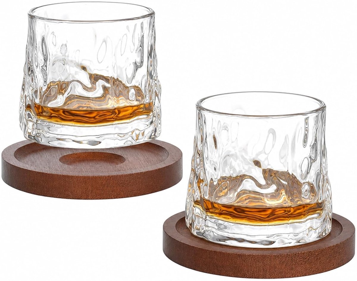 Whiskyglazen 180 ml, set van 2 met onderzetters, draaibare whiskyglazen van zeer transparant glas, gehamerd patroon, voor whisky, rum, bourbon, cognac, cadeau voor mannen