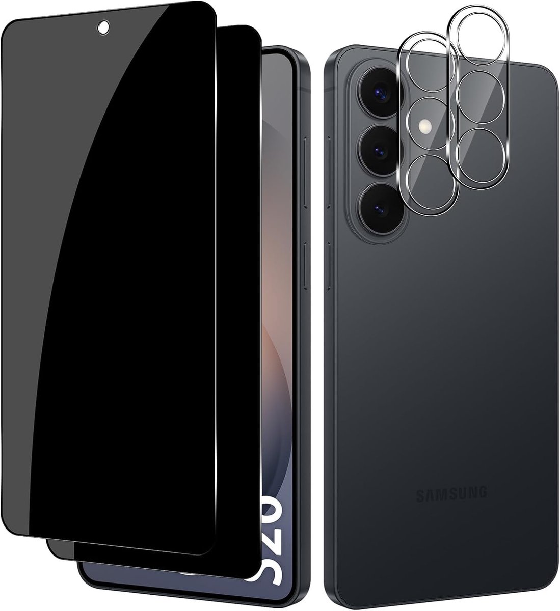 Beschermfolie voor Samsung Galaxy S26 5G, pantserglas, 2 stuks inkijkbescherming en 2 stuks camerabescherming, glas, hardheid 9H, privacy-beschermfolie, anti-spy