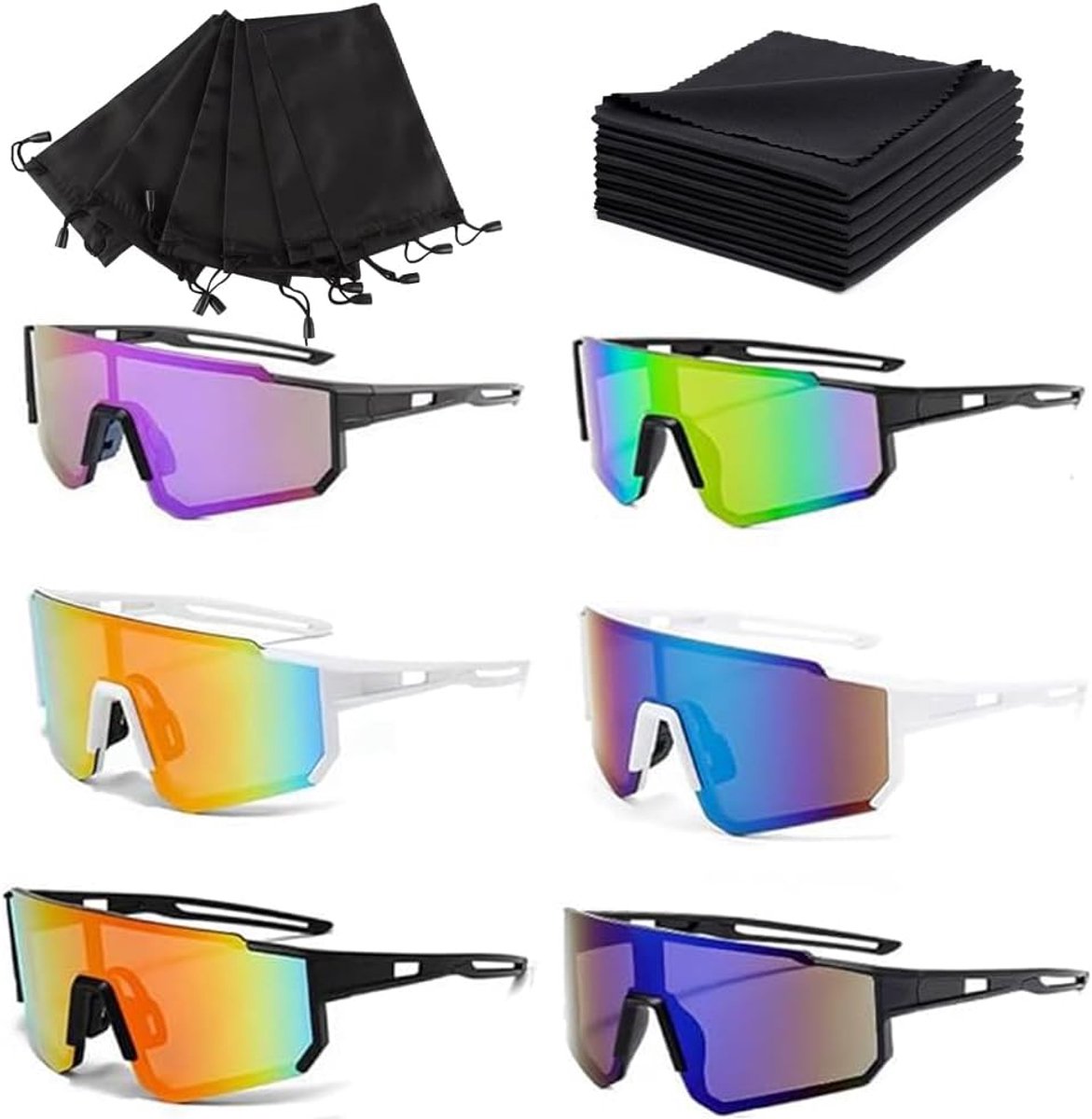 Bril voor Heren en Dames, 6 Stuks, Sportzonnebril, Gepolariseerde Fietsbril met 6 Opbergzakken en 6 Brillenpoetsdoekjes, Hardloopbril UV400, Sportbril voor Outdooractiviteiten