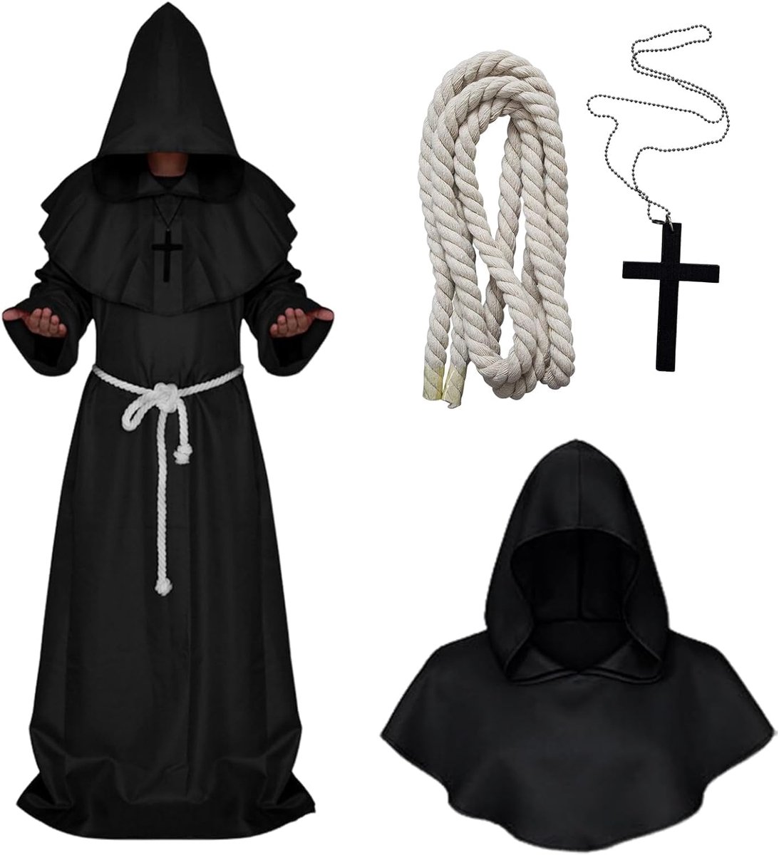Monniksgewaad, priestermantel met capuchon en kruis, monniksrobe, Halloween, carnaval, cosplay kostuum, cape