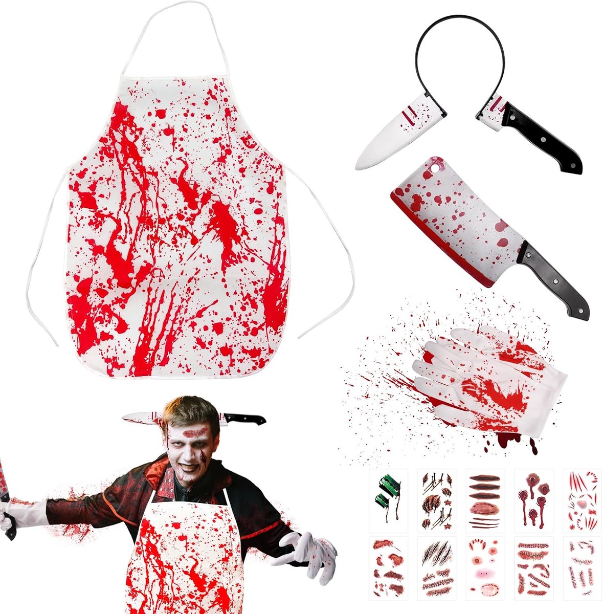 Halloween, Halloween kostuum heren en dames mes in het hoofd, horror slagerkostuums, met bloedige schort, handschoenen, hoofdtooi, mes en 10 stuks littekenstickers, voor Halloween