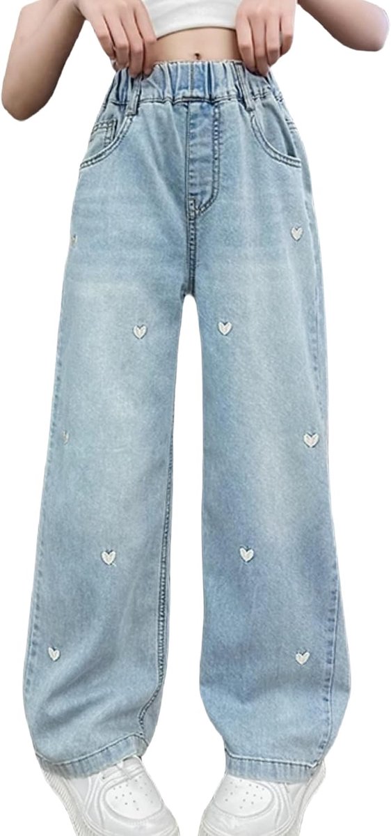 Jeans voor meisjes met losse elastische denim tailleband, blauwe spijkerbroek met modieuze scheuren