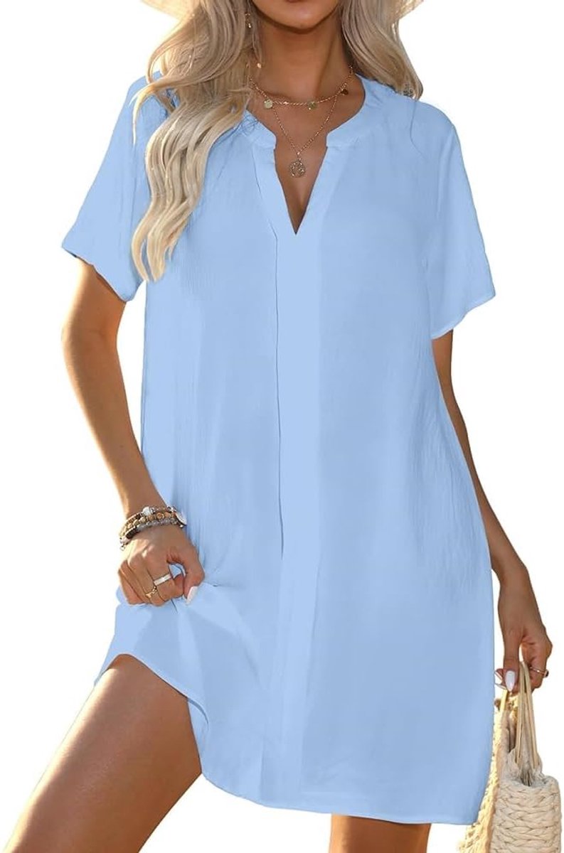 Strandjurk voor dames, V-hals, bikini, cover-up, korte mouwen, zomerjurk, losse strandponcho, casual strandkleding