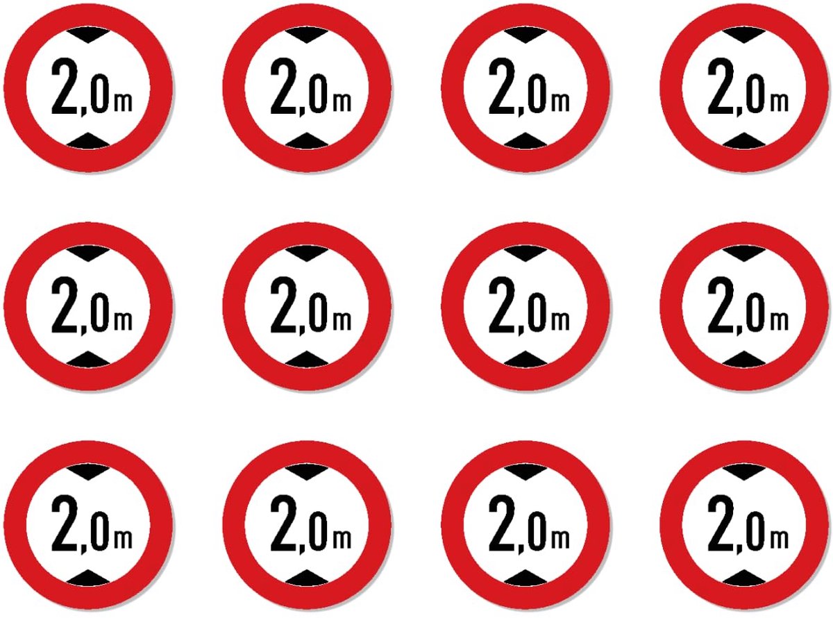 Diameter 25 mm, 12 stuks - maximale doorrijhoogte / verbod voor te hoge voertuigen - 2,0 m - meter - verkeersreglement teken Z-265