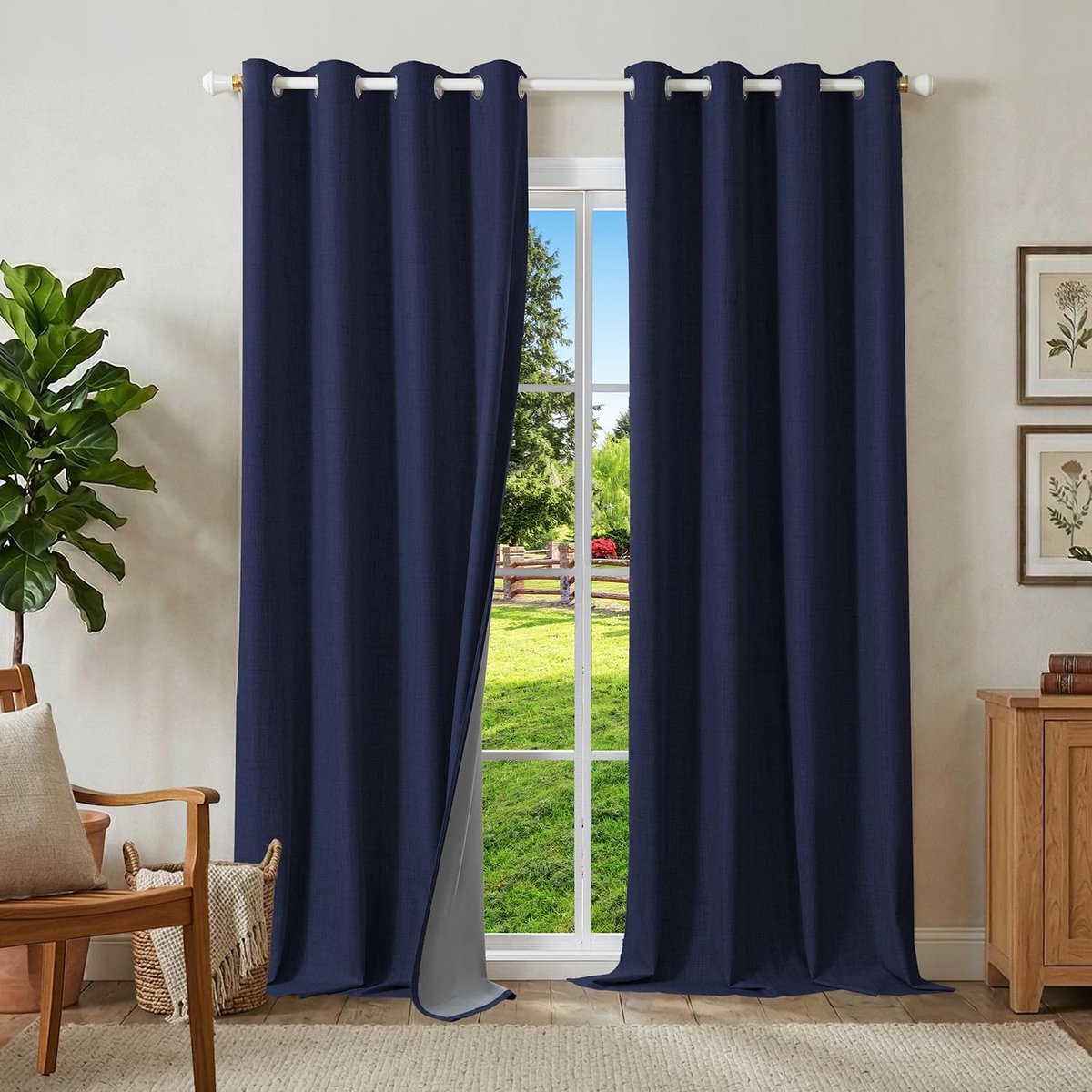 Linnen, 100% verduisteringsgordijnen met oogjes, set van 2, thermogordijn, hittebescherming, 245 x 140 cm (h x b), linnenlook, ondoorzichtig, jeansblauw, geluidsisolatie voor