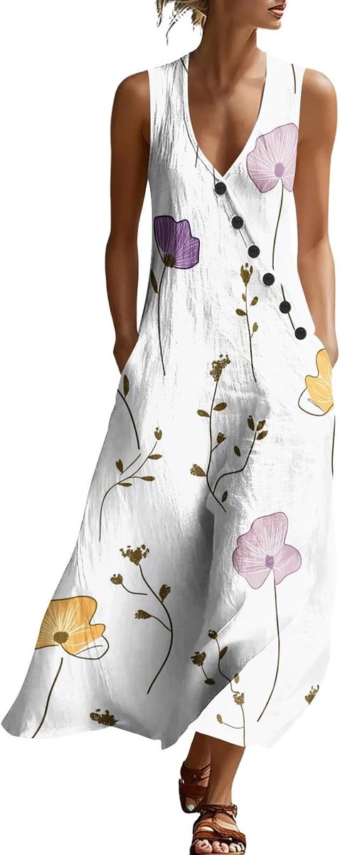 Sommerkleid Damen Leicht und Luftig Strandkleid Lang Baumwolle Freizeitkleid Elegant V-Ausschnitt Ärmellos Partykleid Casual Einfarbig Sommerkleider Luftige Trägerkleid Maxikleid Sommer Mit Taschen