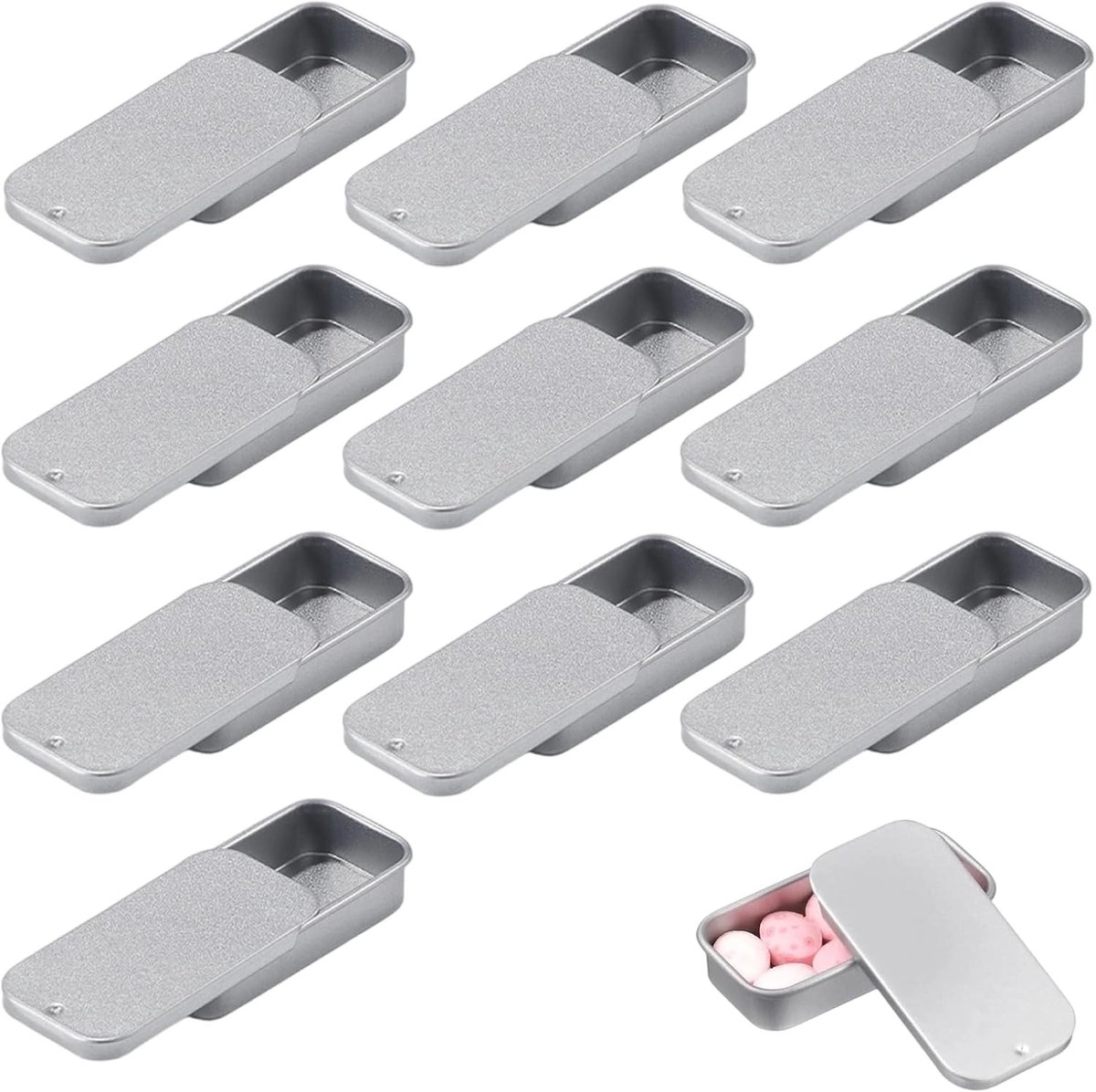Set van 10 kleine metalen opbergdozen – rechthoekige zilveren blikken met schuifdeksel 50×25×10 mm – herbruikbare mini opslagdozen voor cadeaus, knutselen, snoep en reizen
