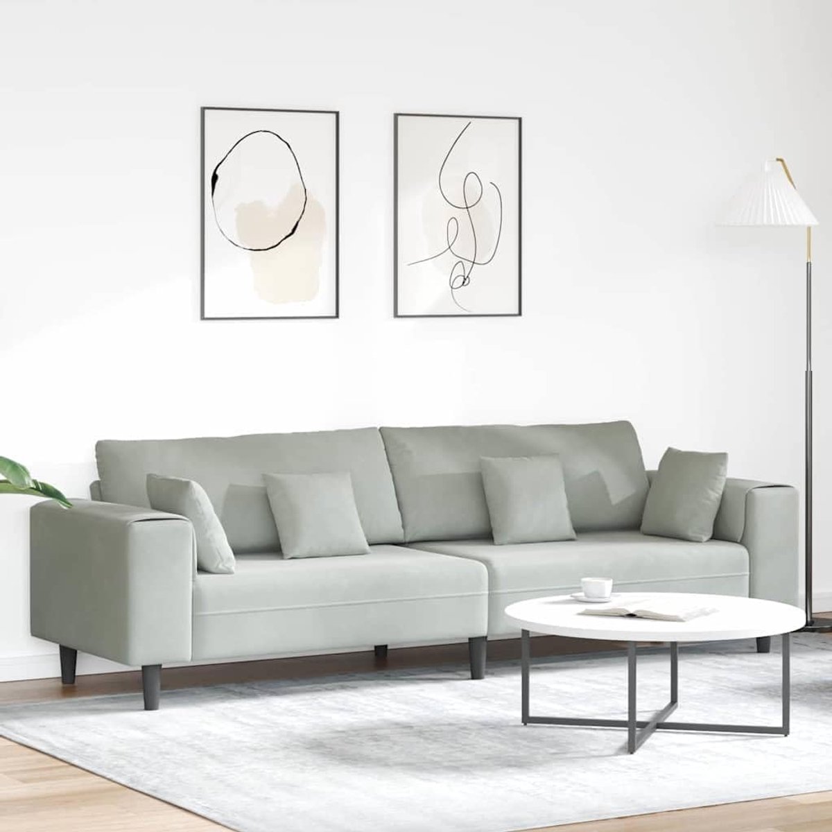 Rustmeubel, sofa met kussen, lichtgrijs, 250 x 77 x 76 cm, fluweel, velours, modern, rusteloos met verenkussen en stabiele multiplex constructie