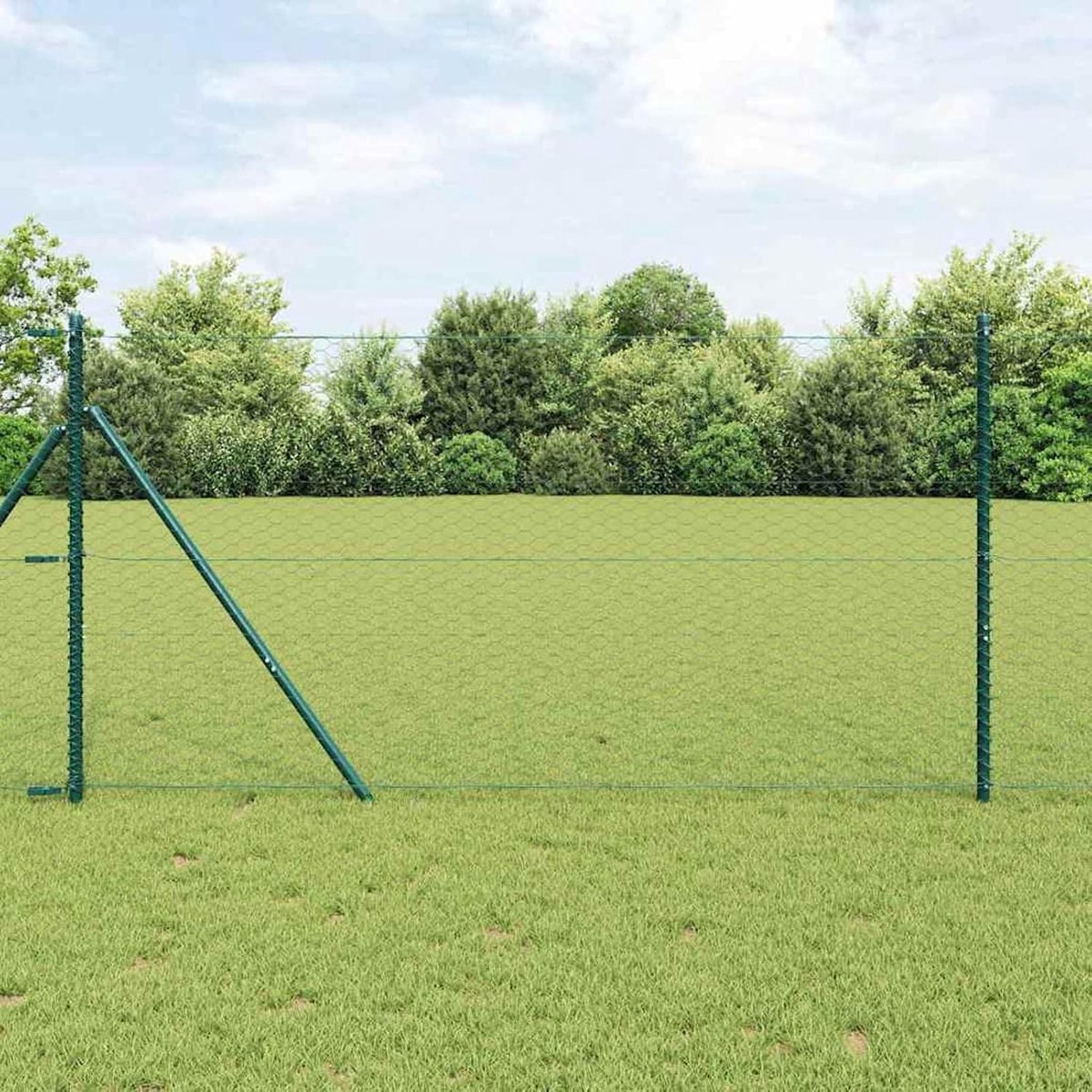 Zeshoekige omheining groen 1x10 m staal, hekpalen 7 stuks groen Ø 32 mm 150 cm verzinkt staal zeshoekig vlechtwerk veldhek voor kippenhok konijnenhok wildbescherming