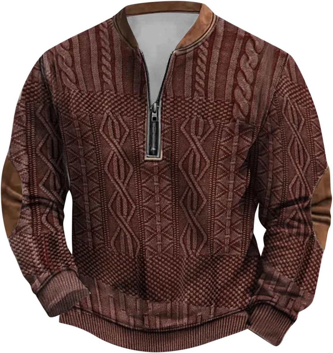 Dikke gebreide trui voor heren, sweatshirt met ritssluiting, lange mouwen, bedrukt, zonder kraag en zonder capuchon