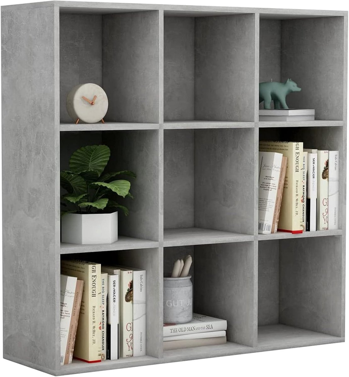 Dvd-rek met 9 vakken, boekenkast, dressoir, opbergrek, kast, woonkamer, kantoor, keuken, spaanplaat, grijs, beton, 98 x 30 x 98 cm