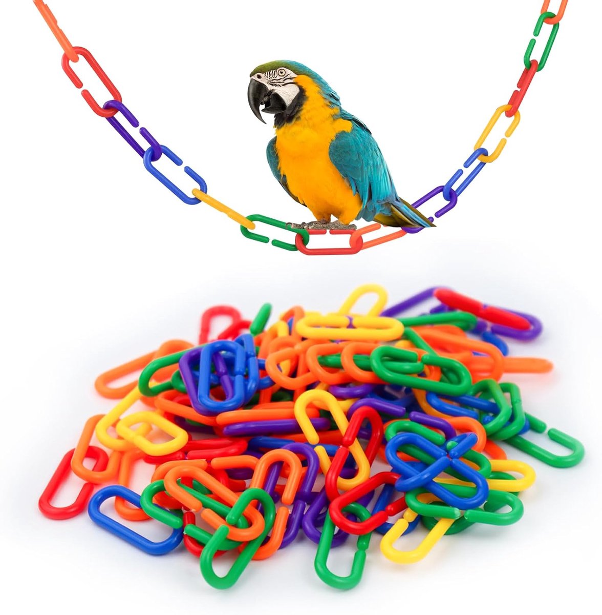 100 stuks plastic kettingen voor vogels, kleurrijke C-clips, plastic ketting voor vogel om te schommelen, ketting, papegaai, vogelspeelgoed voor suiker, ladder, papegaai, vogel (meerkleurig)