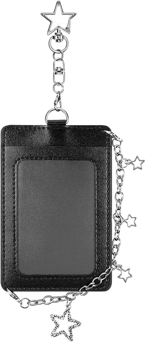 Fotokaarthouder Sleutelhanger PU Lederen Harde Beschermende Kaarthoes met Ster Charms Foto Kaarthouder voor Id Badge Fans Concert Dagelijks Gebruik Liefhebber Zwart