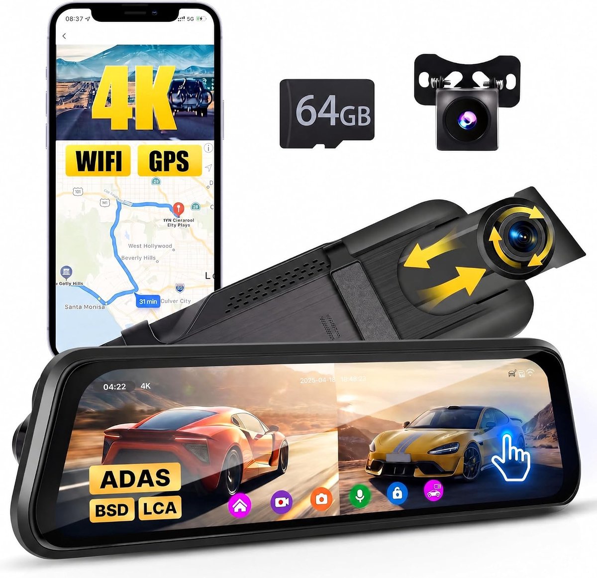 Achteruitkijkspiegel dashcam voor achter 4K + 1080P, 9,66 inch IPS