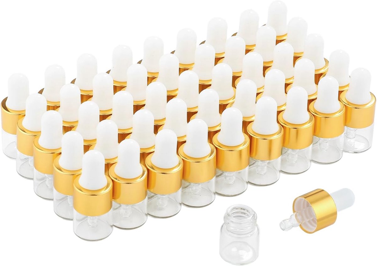 Druppelflessen, 50 stuks, lege glazen flesjes met goudkleurige deksels, parfummonsters voor etherische oliën, lichaamsolie en vloeistoffen (1 ml)