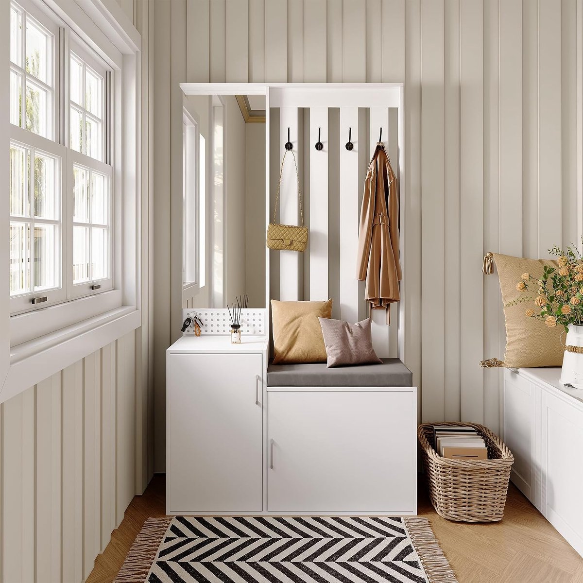 4-in-1 garderobeset, halgarderobe met spiegel, schoenenkast zitbank, wandgarderobe met plank, slaapkamer garderobeset, garderobekast 100 x 40 x 180 cm, wit (wit, A)
