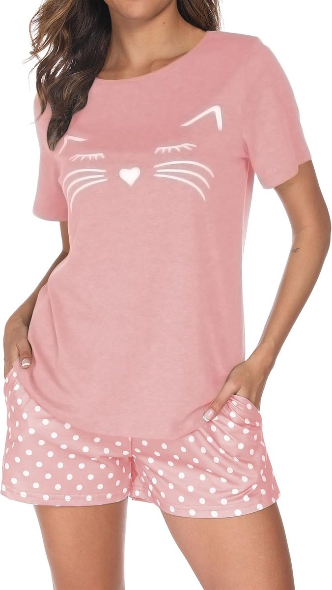 Pyjama's Dames Korte Katoenen Nachtkleding met Korte Mouwen Tweedelige Zomer Set met T-Shirt en Pyjamabroek Loungewear