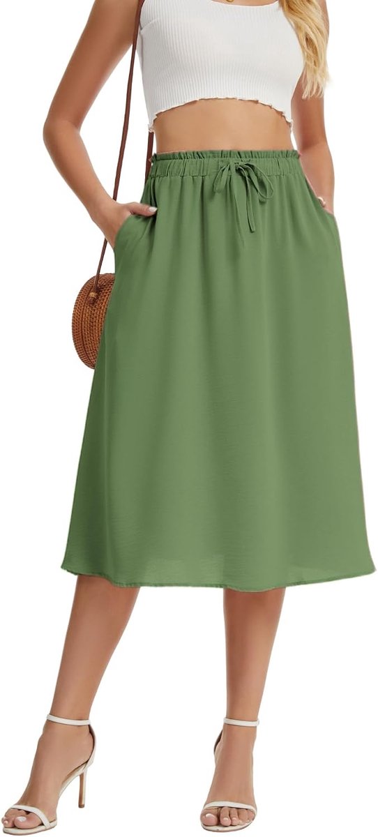 Rokken voor Vrouwen A-Lijn Elegante Hoge Taille Midi-Rok Met Trekkoord Zomer Lichtgewicht Casual Met Zakken