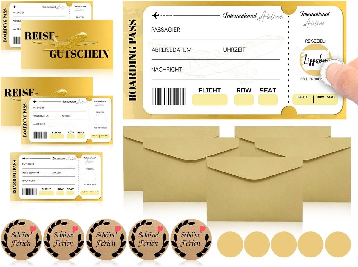 Set van 5 reisvouchers vliegticket met krasstickers, zelf in te vullen boarding pass kaart met krasstickers, kraftenvelop en veel geluk stickers, cadeaubon voor reizen, vakantie