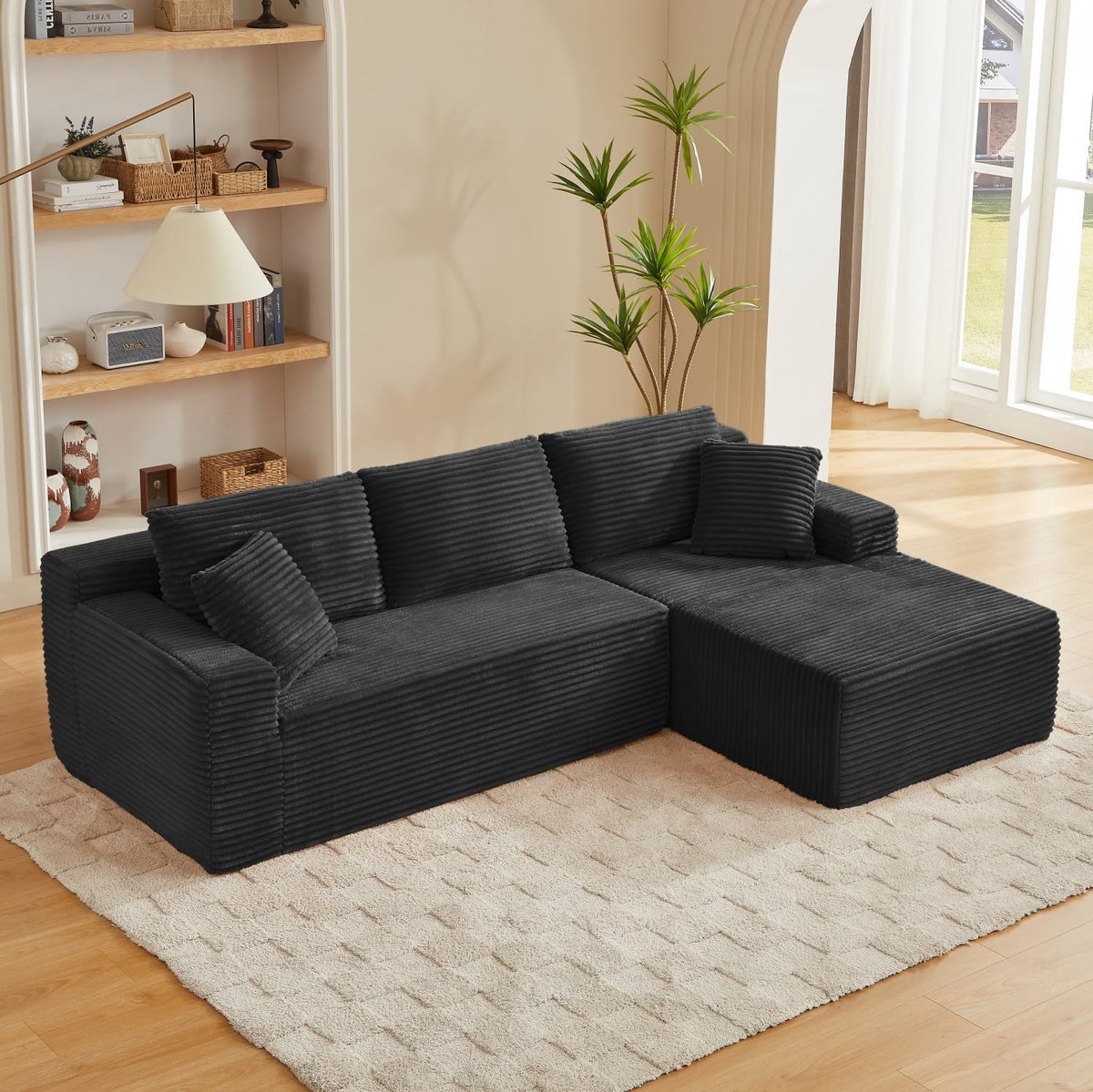 Hoekbank, 4-zits, modulaire corduroy bank met kruk, comfortabele woonkamerbank met 2-6 kussens, ruimtebesparend woonlandschap voor woonkamer en appartementen, 256 x 134 cm