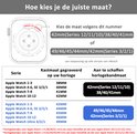 Schema voor het kiezen van de juiste maat horlogeband voor verschillende Apple Watch Series (38mm, 40mm, 41mm, 42mm, 44mm, 45mm, 46mm, 49mm).