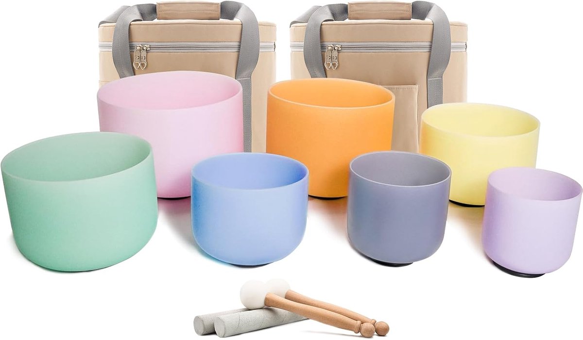 Klankschalenset met gekleurd design, 7 stuks kwarts kristallen kommen 17,8-30,5 cm, met draagtas voor yoga en geluidsgenezing