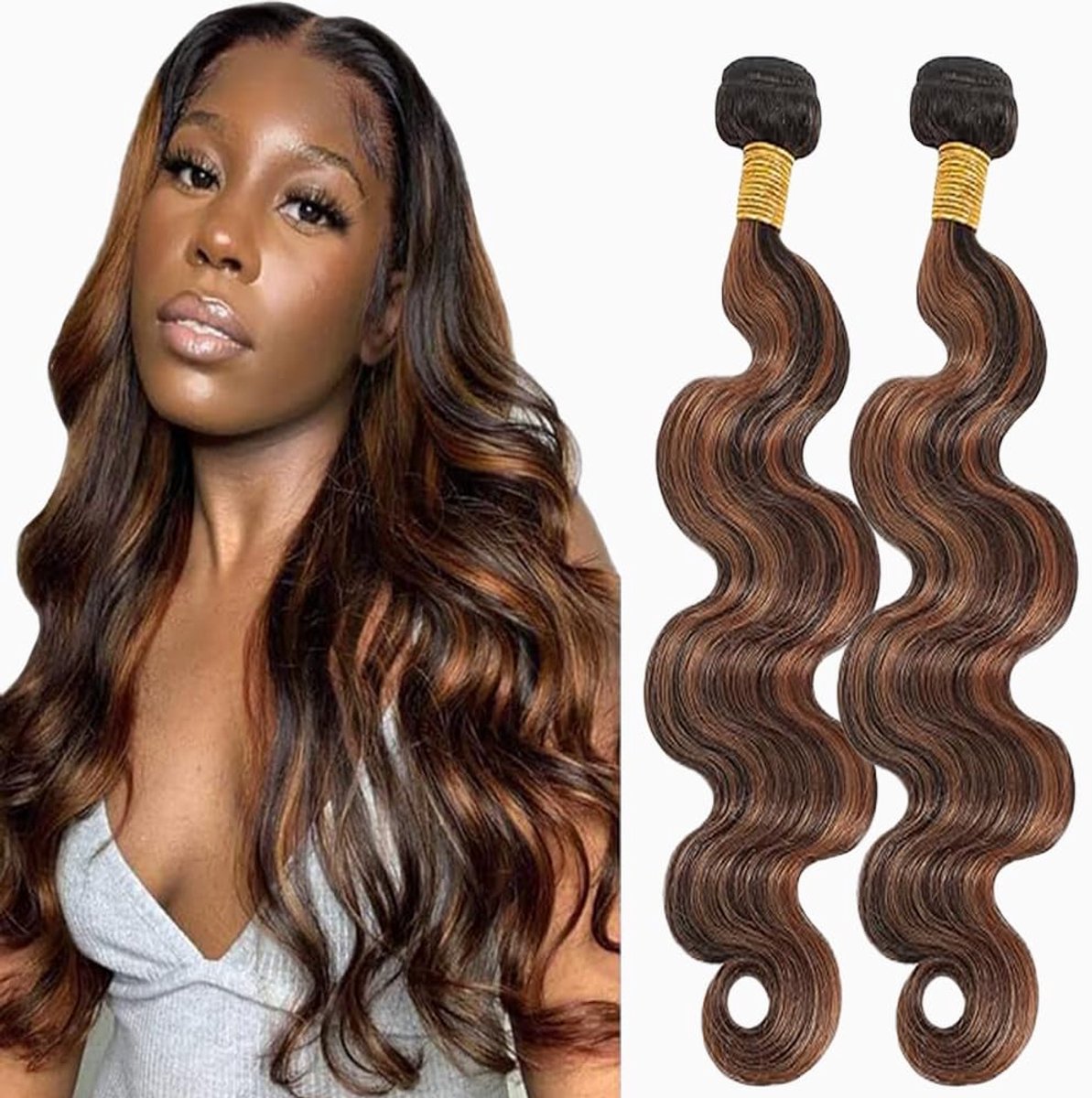 Wave Human Hair Bundles Sew in Hair P430 Highlight Brown Real Hair Extensions 2 Bundles Unprocessed Minimal Smell for Woman 26 26 Inch