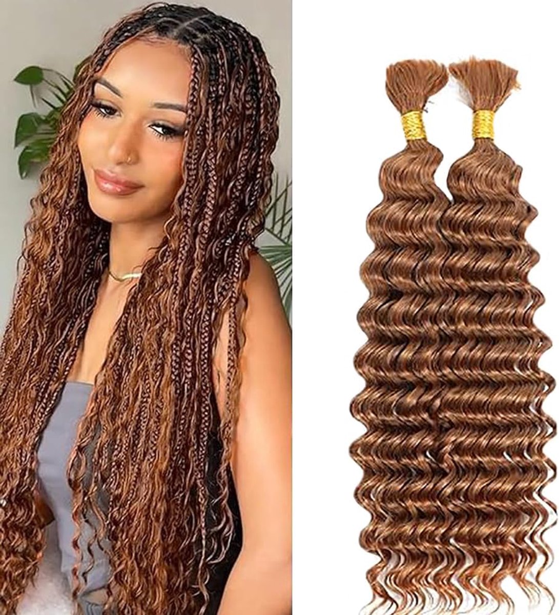 Wave Bulk Human Braiding Hair for Boho Braids Knotless Braids Total 100g 2 Bundles 32 32 Inch Human Hair Extension Unprocessed No Weft #30 Light Brown for Women