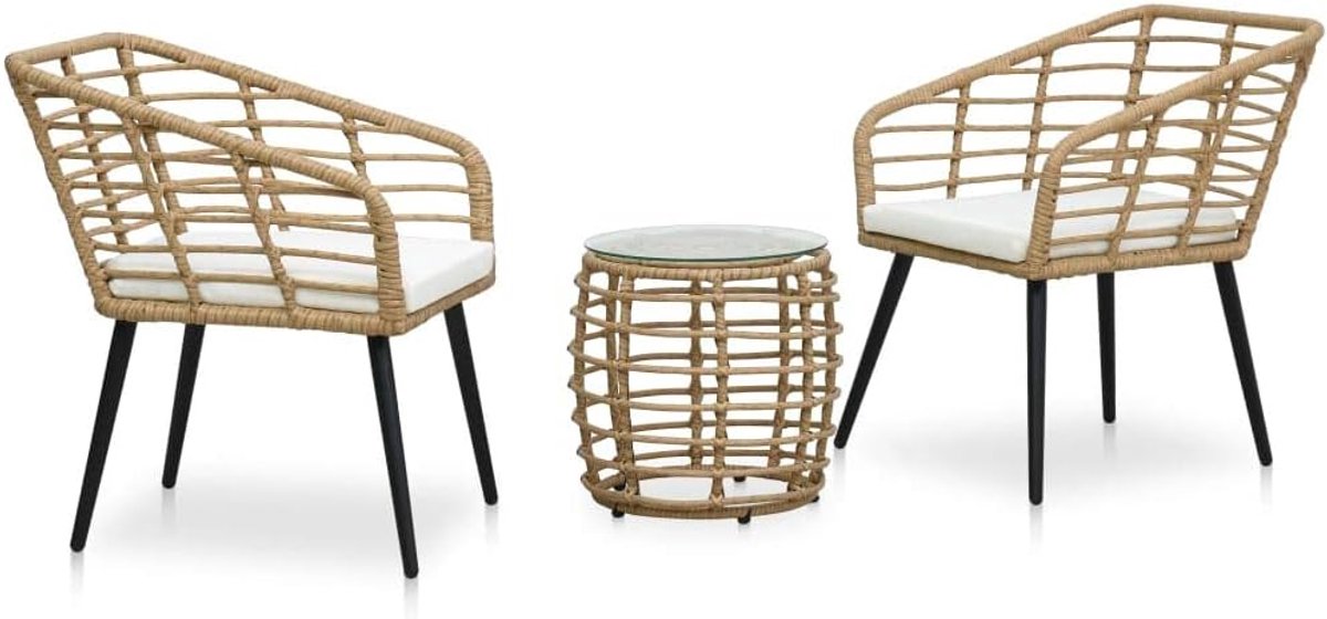Set van tafel en stoelen, 3-delige set met tafel en 2 stoelen, voor tuin, terras, buiten, rotan, eikenkleur