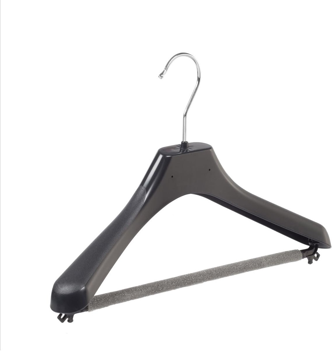 Kleerhanger, Mantelhanger, Kostuumhanger, Jassenhanger, set van 10 Stuks, Kunststof, Zwart, Broeklat met Schuim, Brede schouders, 360° Draaibare Haak, 36 cm (LX36/BS_00/10)
