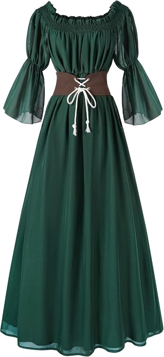Maxi-jurk voor dames, groen, schoudervrij, lange middeleeuwse en elfenjurk met veters voor Halloween, themafeest en carnaval