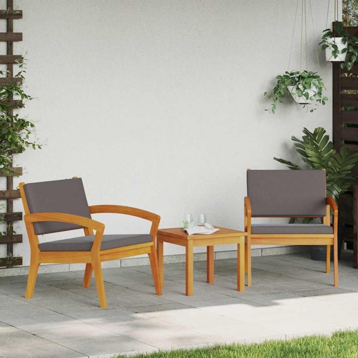 Zitgroep met kussens, 3-delige set bistroset bruin, bistrotafel set 3-delig van acaciahout met afneembare kussens voor tuin en terras