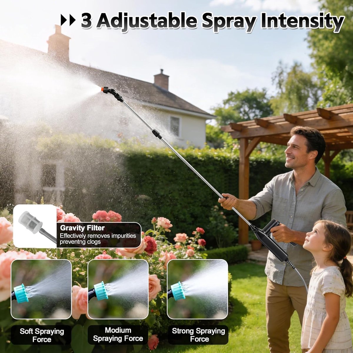 Accu-druksproeier met 3 sproeisnelheden, 7,4 V sterkere elektrische plantensproeier met 5 nevelsproeiers, USB-oplaadbare handgreep en telescoopstang, 8 m slang voor tuin, binnenplaats, gazon, onkruid