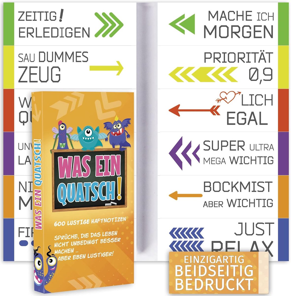 600 grappige zelfklevende notitieblaadjes (12 x 50 vellen) | set met verschillende grappige spreuken voor universiteit, school, kantoor of WG | kleurrijke plakbriefjes om te leren en te markeren |